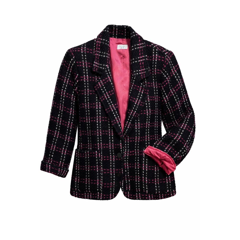 Benetton Made in Italy Wool Tweed Blazer Pink Lined Plaid Jacket 40